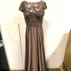 LA FEMME Lace & Satin A-Line Gown